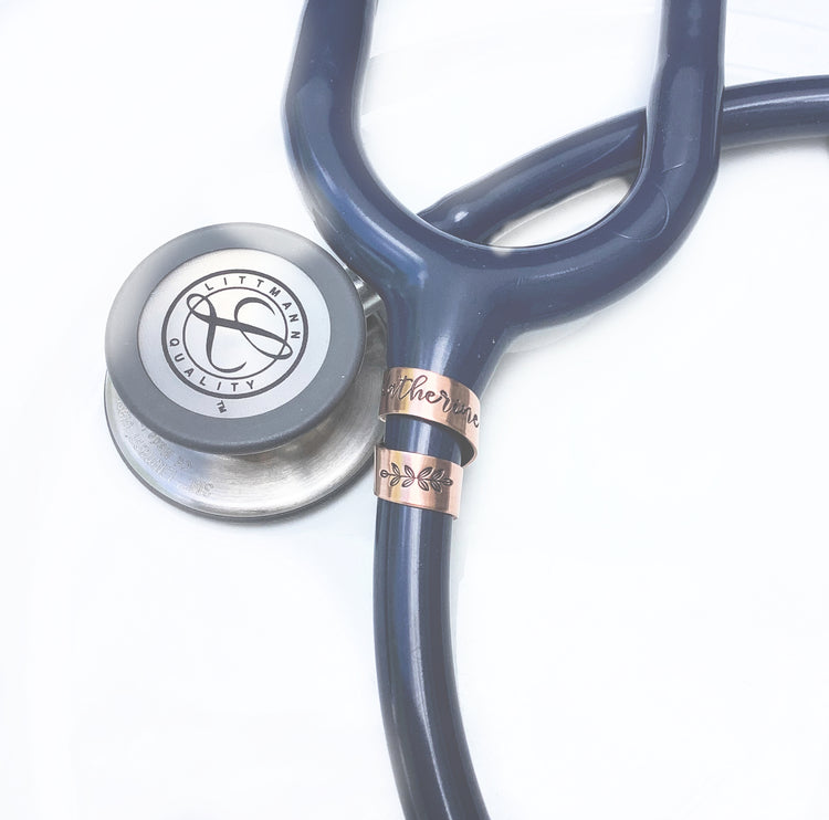 Copper double wrap stethoscope name tag with cursive name and branch design
