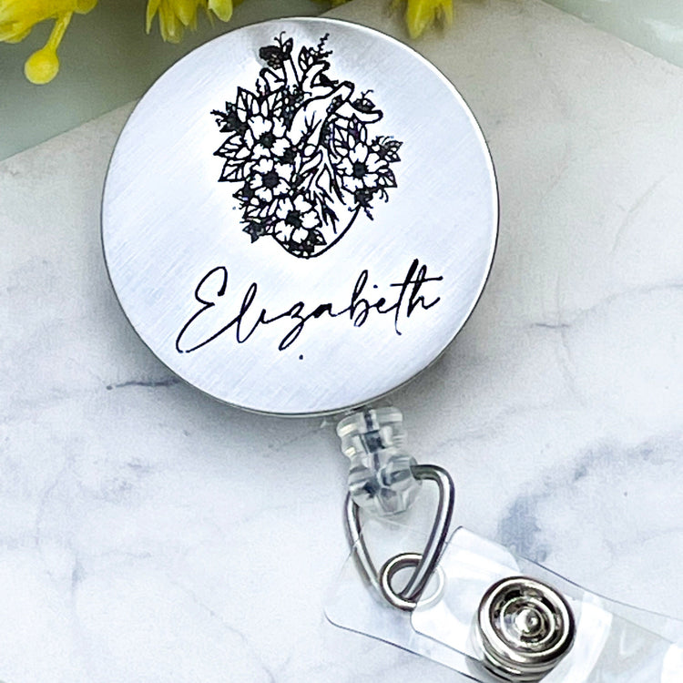 Floral Anatomical Heart ID Badge Reel - Personalized ID Healthcare - Retractable Badge Reel - Personalized ID Badge - Healthcare Worker