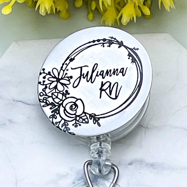 Personalized Stainless Steel Badge Reel - Custom Badge Reel - Nurse Badge Reel - Gift For Nurses - Medical ID Badge Reel - Floral Badge Reel
