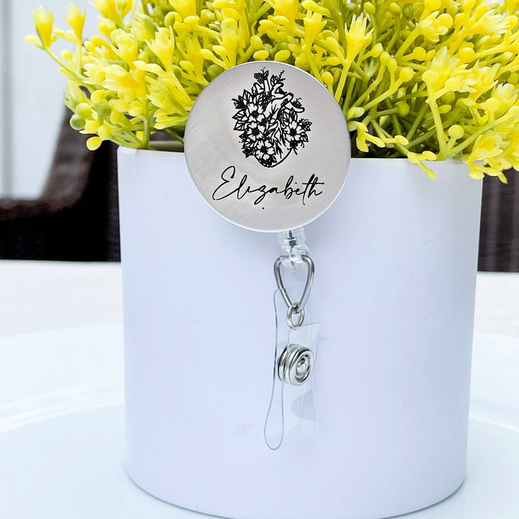 Floral Anatomical Heart ID Badge Reel - Personalized ID Healthcare - Retractable Badge Reel - Personalized ID Badge - Healthcare Worker