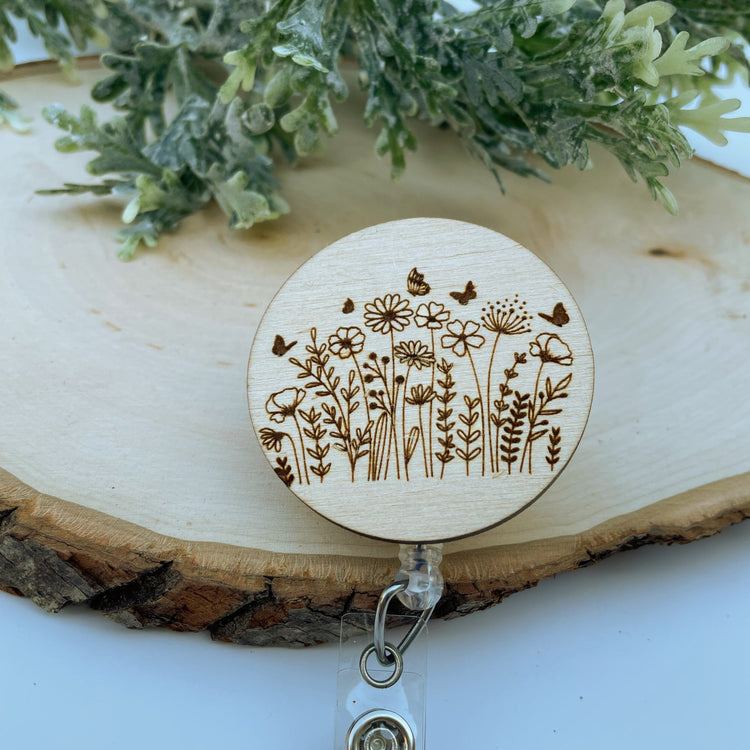 Wood Badge Reel - Wildflower Badge Reel - Minimalistic Badge Reel - Flower Garden Badge Reel