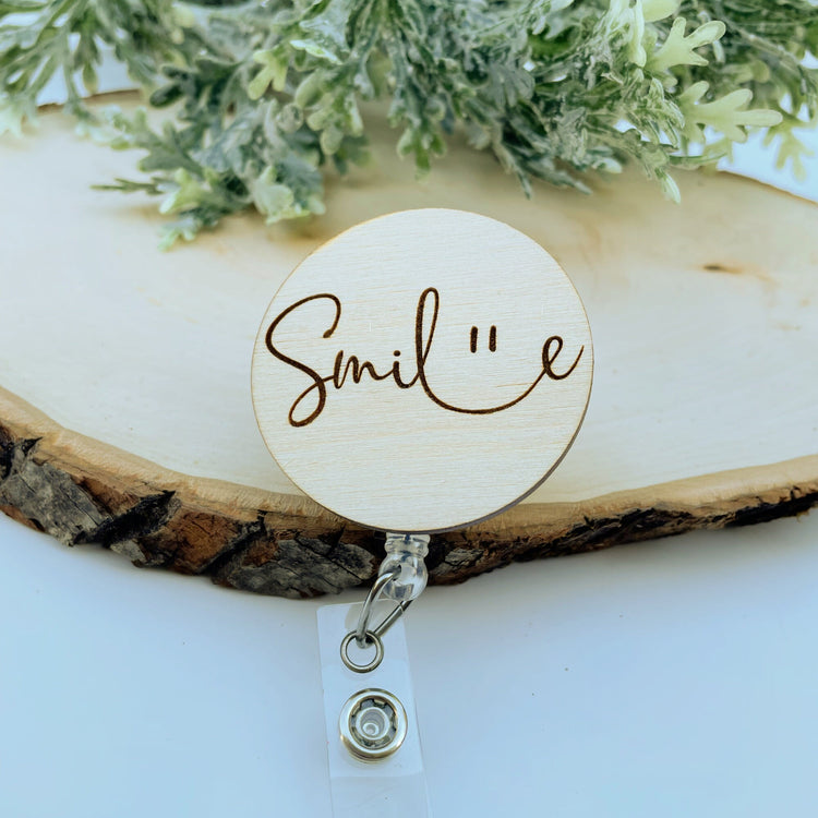Wood Badge Reel - Dental Badge Reel - Smile Badge Reel - Nurse Badge Reel - Happy Face Badge Reel