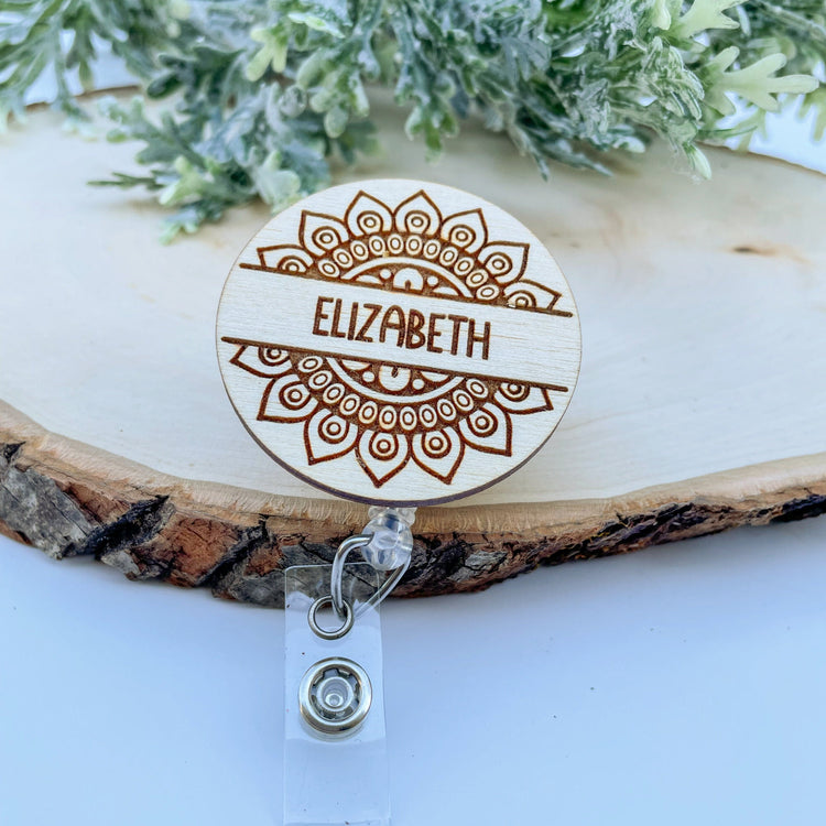 Wood Badge Reel - Personalized Mandala Badge Reel - Custom ID - Retractable Badge Reel - Badge Reel with Name