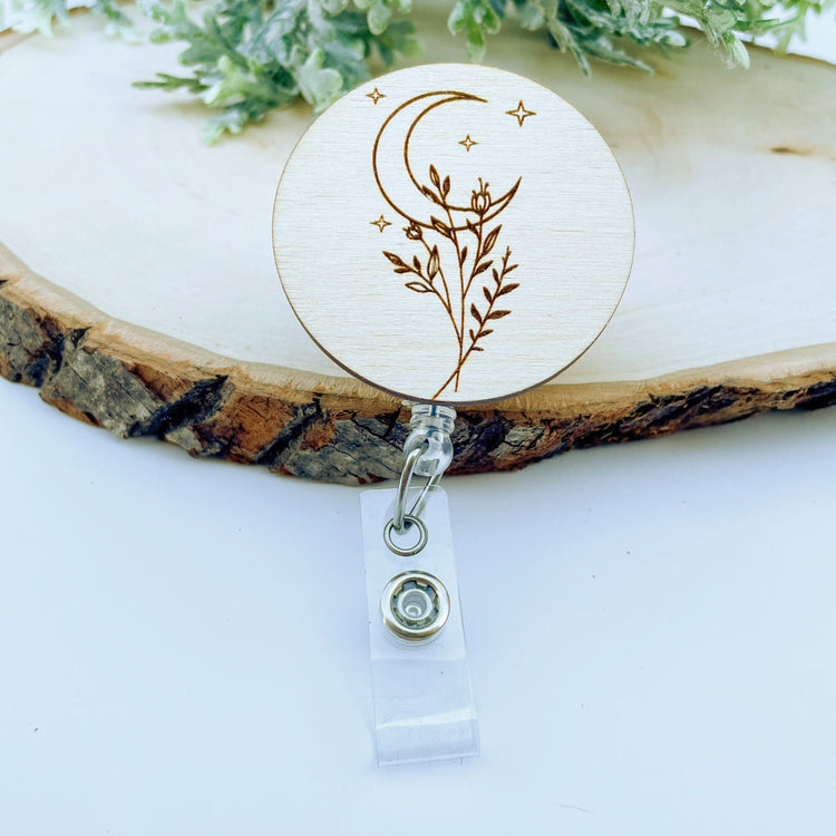 Wood Badge Reel - Celestial Badge Reel - Minimalistic Badge Reel - Moon Badge Reel