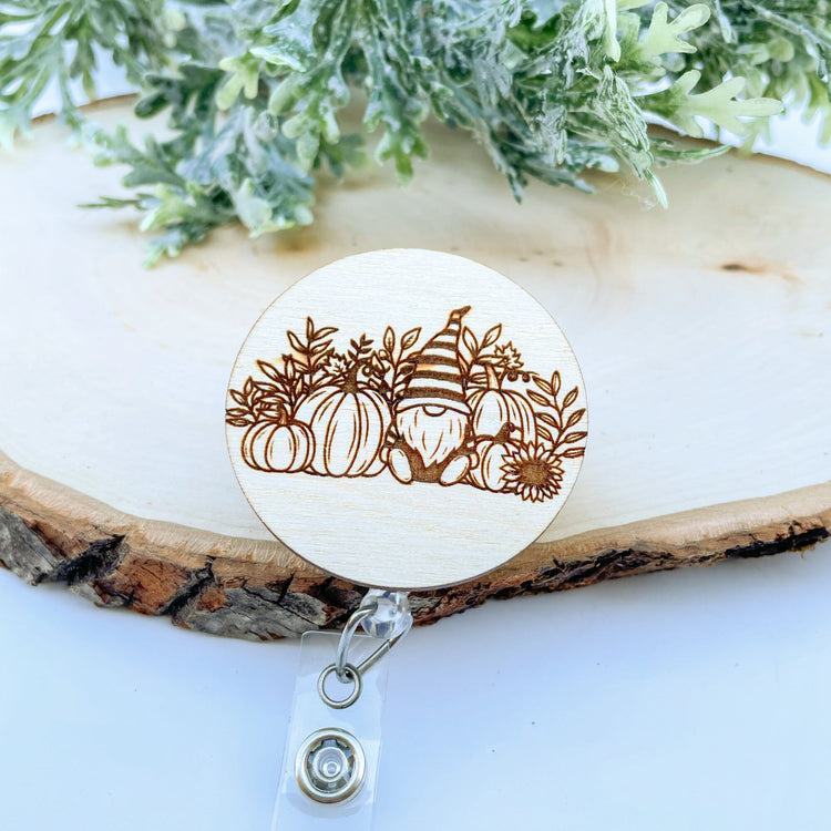 Wood Badge Reel - Gnome Badge Reel - Fall Badge Reel - Harvest Badge Reel - Pumpkin Badge Reel