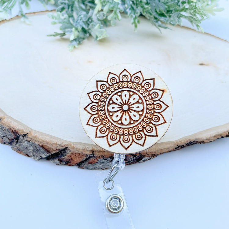 Wood Badge Reel - Mandala Badge Reel - Custom ID - Retractable Badge Reel - Boho Badge Reel - Hippy Badge Reel