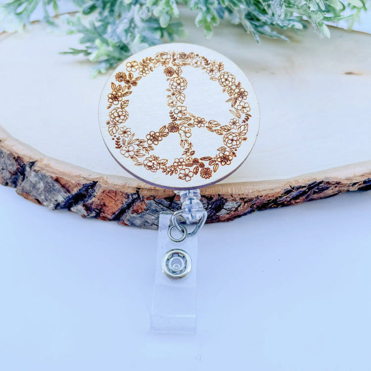Wood Badge Reel - Wildflower Peace Sign Badge Reel - Custom ID - Retractable Badge Reel - Boho Badge Reel