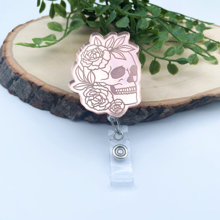 Rose Gold Badge Reel - Floral Skull Badge Reel - XRay Badge Reel - Radiology Badge Reel - RN Badge Reel - Nurse Gift - Radiologist Gift