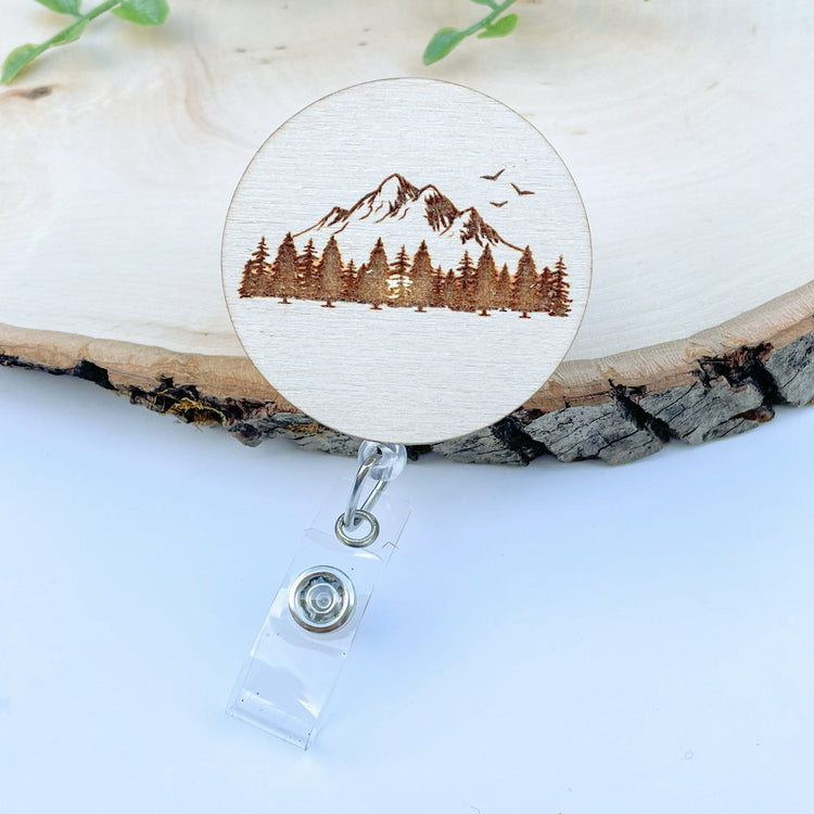Wood Badge Reel - Mountain Badge Reel - Minimalistic Badge Reel - Outdoor Badge Reel - Forest Badge Reel