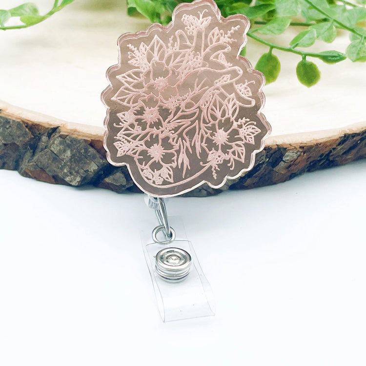 Floral Heart Badge Reel - Rose Gold Badge Reel - Cardiologist Badge Reel - RN Badge Reel - Anatomy Badge - Pulmonology Badge - Nurse Gift