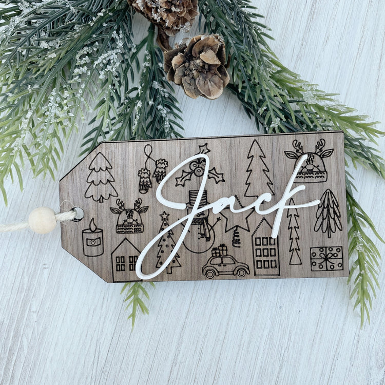 Beaded Wooden Christmas Stocking Tag