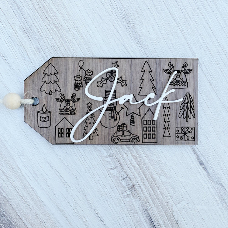 Beaded Wooden Christmas Stocking Tag