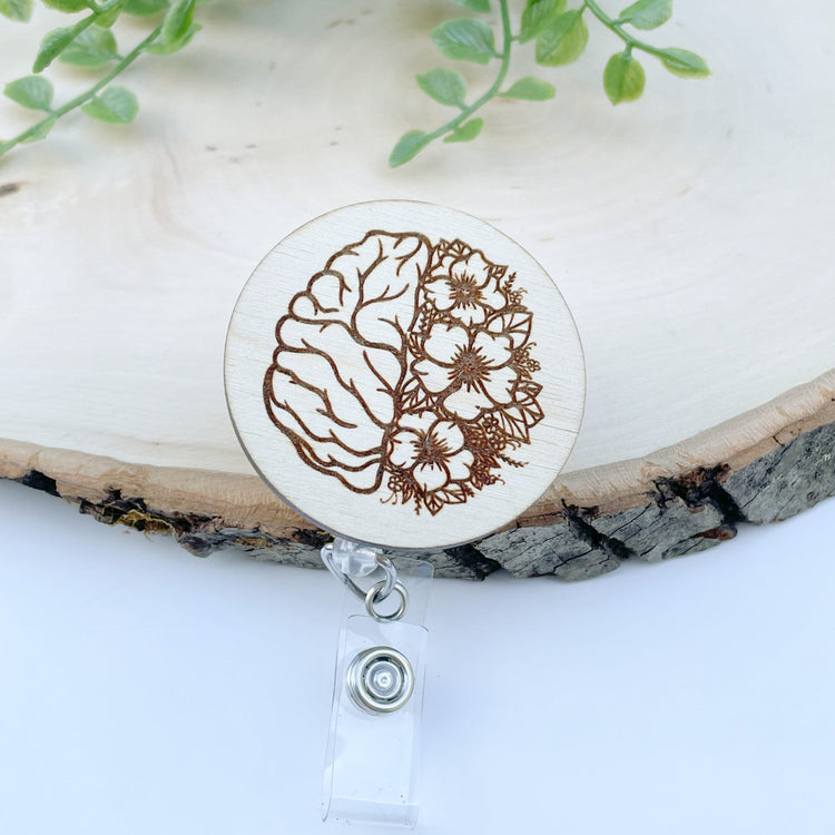Wooden Badge Reel - Floral Brain Badge Reel - Anatomy Badge Reel - Neurology Badge Reel - Neurosurgeon Badge - RN Badge Reel - Nurse Gift
