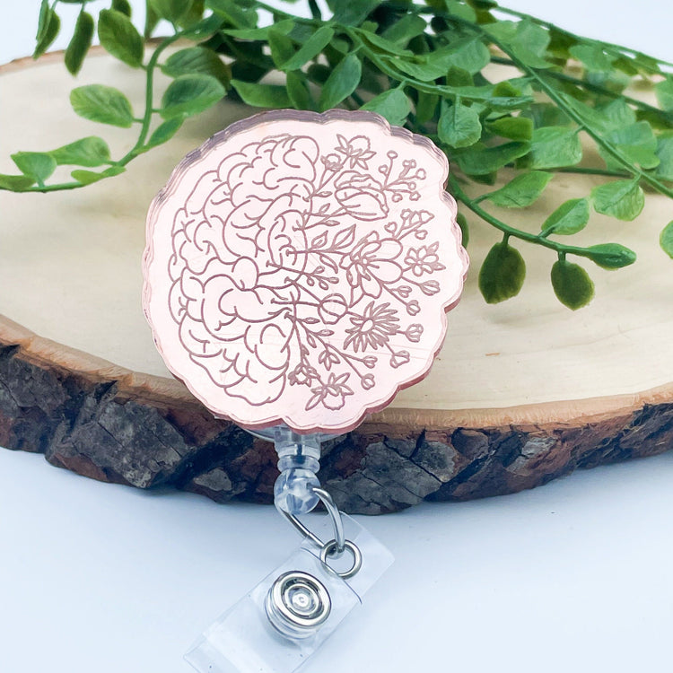 Floral Brain Badge Reel - Rose Gold Badge Reel - Neurology Neuro Badge Reel - RN Badge Reel - Anatomy Badge - Pulmonology Badge - Nurse Gift