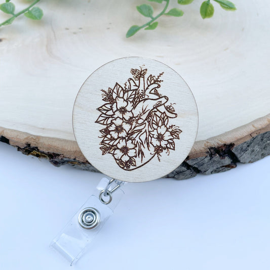 Wood Badge Reel - Floral Heart Badge Reel - Anatomy Badge Reel - Cardiology Badge Reel - Cath Lab Badge Reel - RN Badge Reel - Nurse Gift