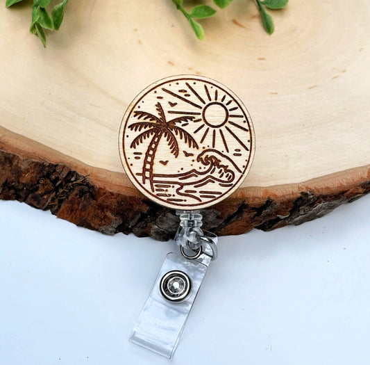 Wood Badge Reel - Beach Badge Reel - Minimalistic Badge Reel - Summer Scene Badge Reel - Surf and Sun Badge Reel