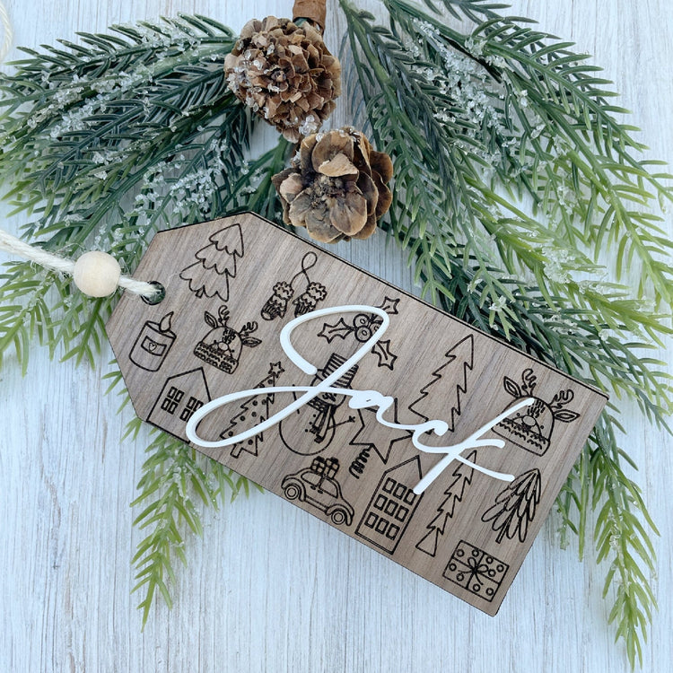 Beaded Wooden Christmas Stocking Tag